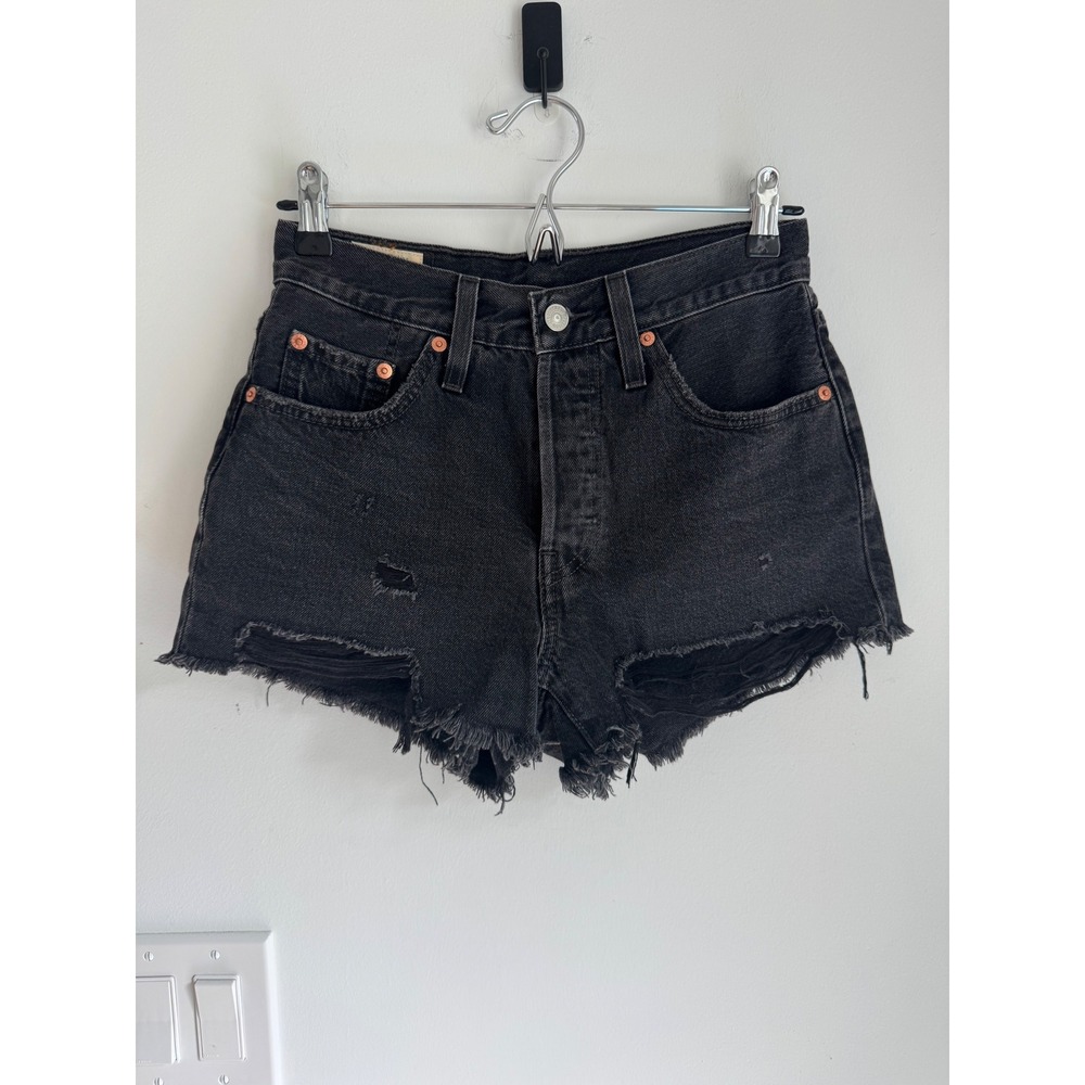 Levis 501 Original High Rise Distressed Denim Shorts Washed Black Size 25